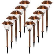 set of six copper colored solar powered garden lights