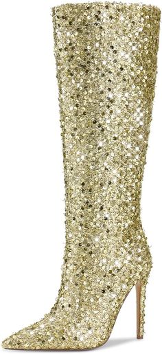 Elevate your style with our Gold Sequin Sparkle Glitter Stiletto Boots. Designed with shimmering sequins and a sleek stiletto heel, these boots will make a statement at any event. Step out in confidence and add a touch of glamour to your wardrobe. Heel Height: Bling knee high boots for women knee high with 11.5cm/4.5inch heel height. The pointed toe and stiletto heel create a stunning look, ensuring you'll make a striking statement wherever you go. Sparkling Fitted Boots For Party, Fitted Sparkling Boots For Party, Sequin Boots For Evening Parties, Sequin Boots For Evening And Party Season, Sequined Boots For Evening Party Season, Fitted Glitter Boots For Party, Glamorous Glitter Boots For Formal Occasions, Glamorous Sequined Party Boots, Glamorous Metallic Heeled Boots For Evening