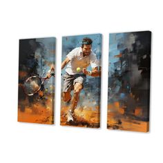 the tennis player is running to hit the ball with his racket canvas wall art