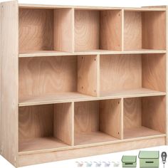 a wooden bookcase with six compartments on each side