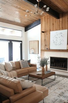 a living room filled with furniture and a fire place in the middle of a room