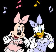 two cartoon characters dancing together with musical notes in the background