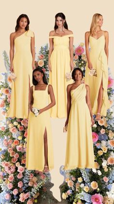 the bridesmaids in yellow dresses are posing for their wedding photo with flowers behind them