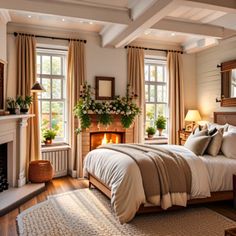 a bedroom with a bed, fireplace and two large windows in it's center