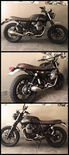 three different views of a motorcycle parked in a room with tile flooring and walls