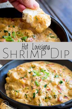 a person dipping some food into a skillet with the words hot louisiana shrimp dip above it