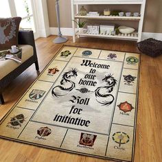 a welcome mat in the middle of a living room with furniture and decorations on it