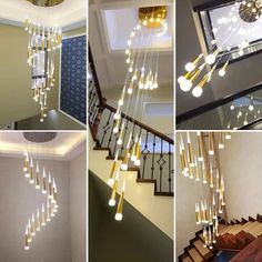 several pictures of the inside of a house with stairs and chandeliers hanging from them