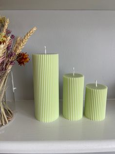 three green candles sitting on top of a white shelf next to dried flowers and plants