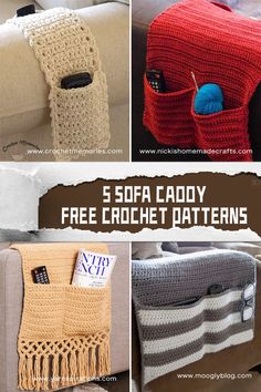 crochet patterns for sofas with text overlay that reads, 5 soft caddy free crochet patterns