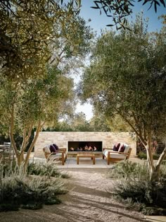 an outdoor fireplace surrounded by trees and bushes