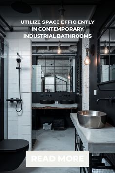 Contemporary industrial bathroom with efficient space utilization, featuring black fixtures and exposed brick. Industrial Bath, Modern Industrial Bathroom