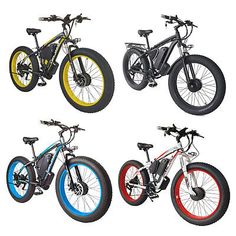 four different types of bikes are shown in the same color wheel pattern as well as black, white, blue, red and yellow wheels