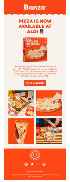 an advertisement for pizza is shown in red and orange colors, with the words banza on