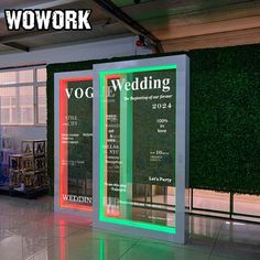 an advertisement for a wedding venue in the middle of a building with green walls and windows