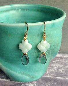 Pale Blue Earrings | Amazonite & Quartz Earrings | Carved Amazonite Bead… Quartz Earrings, Pale Blue, Designer Earrings, Pearl Earrings, Drop Earrings, Beads