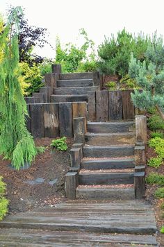 wooden steps leading up to the top of a hill