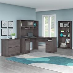 an office desk and bookcases in a room with hardwood floors, blue walls and white carpet