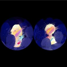 two images of people sitting next to each other in front of a black background, one with blonde hair and the other with blue eyes