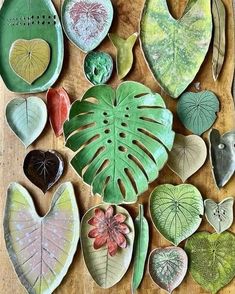 various leaf shaped plates are arranged on a table