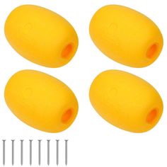 four yellow plastic knobs with screws and nails on a white background, set of 4