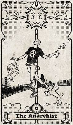 an old tarot card with a man on a skateboard in front of the sun