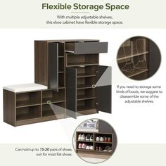 an advertisement for a shoe storage system with instructions to install the shelves and drawers in it