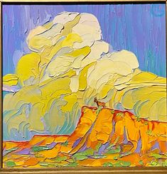 an abstract painting of mountains and clouds in yellow, blue, orange and green colors