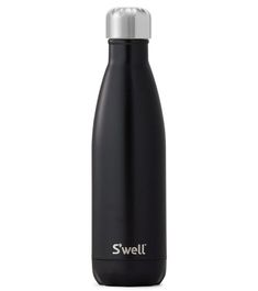 the swell stainless steel water bottle is black and has a silver lid, with white lettering on