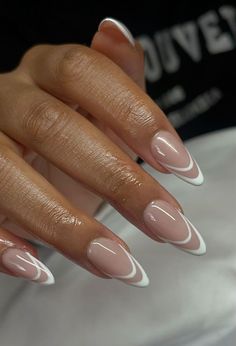 2024's Top French Nail Trends: Classic Elegance Meets Modern Styles Oval Tip Nails Designs, French Gel X Nails Almond, Formal Nails Acrylic French Tips, Almond French With Design, White Tip Nail Designs Ideas, Negative French Nails, Almond Nail French Tip Designs, Open French Tip Nails, Almond Nails With White Design