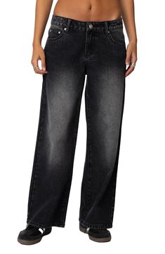 Faded through the thighs for a lived-in look, these nonstretch jeans have a low-rise waist and baggy, full-length legs that create a laid-back silhouette. Zip fly with button closure Five-pocket style 100% cotton Machine wash, dry flat Imported Black Baggy Jeans, Holiday Pajamas, Wide Jeans, Shoe Print, Low Rise Jeans, Fashion Help, Baggy Jeans, Bobbi Brown, Holiday Outfits