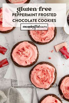 chocolate cookies with pink frosting on top and the words gluten free peppermin frost