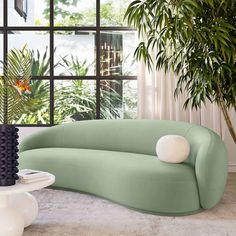 a living room filled with furniture next to a large window and a potted plant