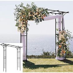 an outdoor wedding set up with flowers on it