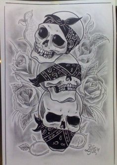 two skulls with bandannas on their heads are shown in this tattoo art print