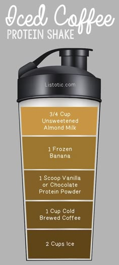 the iced coffee protein shaker is shown with information about how to make it and where to use it