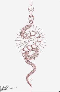 a drawing of a snake with the moon above it