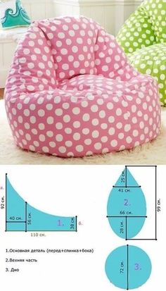 a pink and green polka dot bean bag chair with measurements for the seat height,