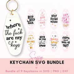 the keychain svg bundle is shown with different font styles and designs on it