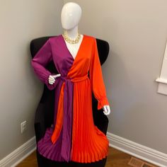 Brand New With Tags Orange And Purple 100% Polyester Dress; 30 Inches Long From Bust; One In Medium And One In Large Fitted Purple Pleated Maxi Dress, Orange And Purple Wedding, Purple Wedding Dress, Polyester Dress, Purple Wedding, Orange And Purple, Dress Brands, Color Orange, Colorful Dresses