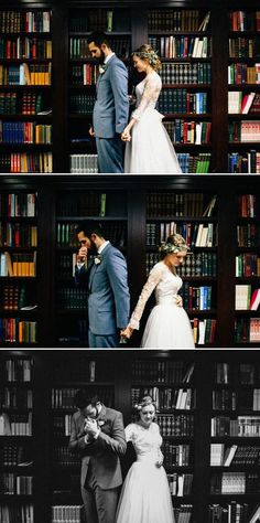 the bride and groom are standing in front of bookshelves