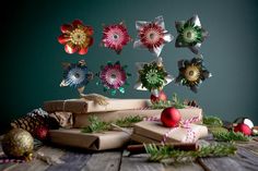 christmas decorations and presents on a wooden table