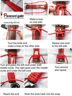 instructions on how to tie a paracord with red cords and leather ends,