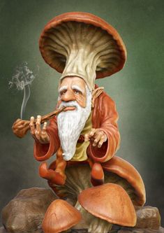 a painting of an old man with a pipe in his mouth sitting on some rocks