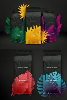 four bags of coffee with different colors and designs on the front, back and side