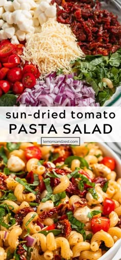 sun dried tomato pasta salad in a white bowl with red onions, spinach and feta cheese