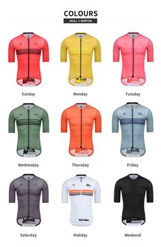 the different colors and sizes of men's cycling jerseys