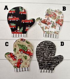 four oven mitts with different designs on them