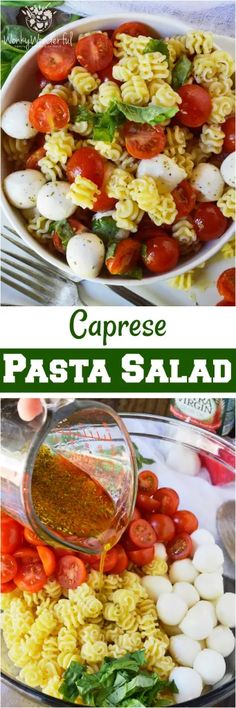 pasta salad with tomatoes, mozzarella and parmesan cheese is the perfect side dish