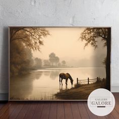 a painting of a horse drinking water from a lake with fog in the sky and trees